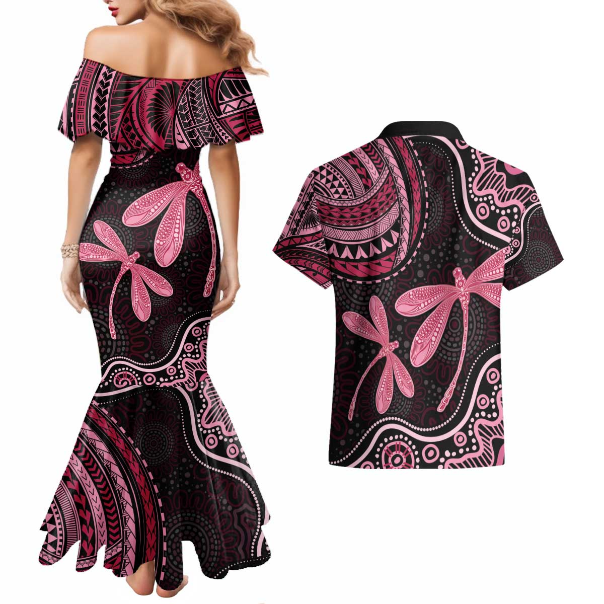 Australia Indigenous Mix Polynesian Couples Matching Mermaid Dress and Hawaiian Shirt Pink Ribbon and Dragonflies - Aussie Hoodie