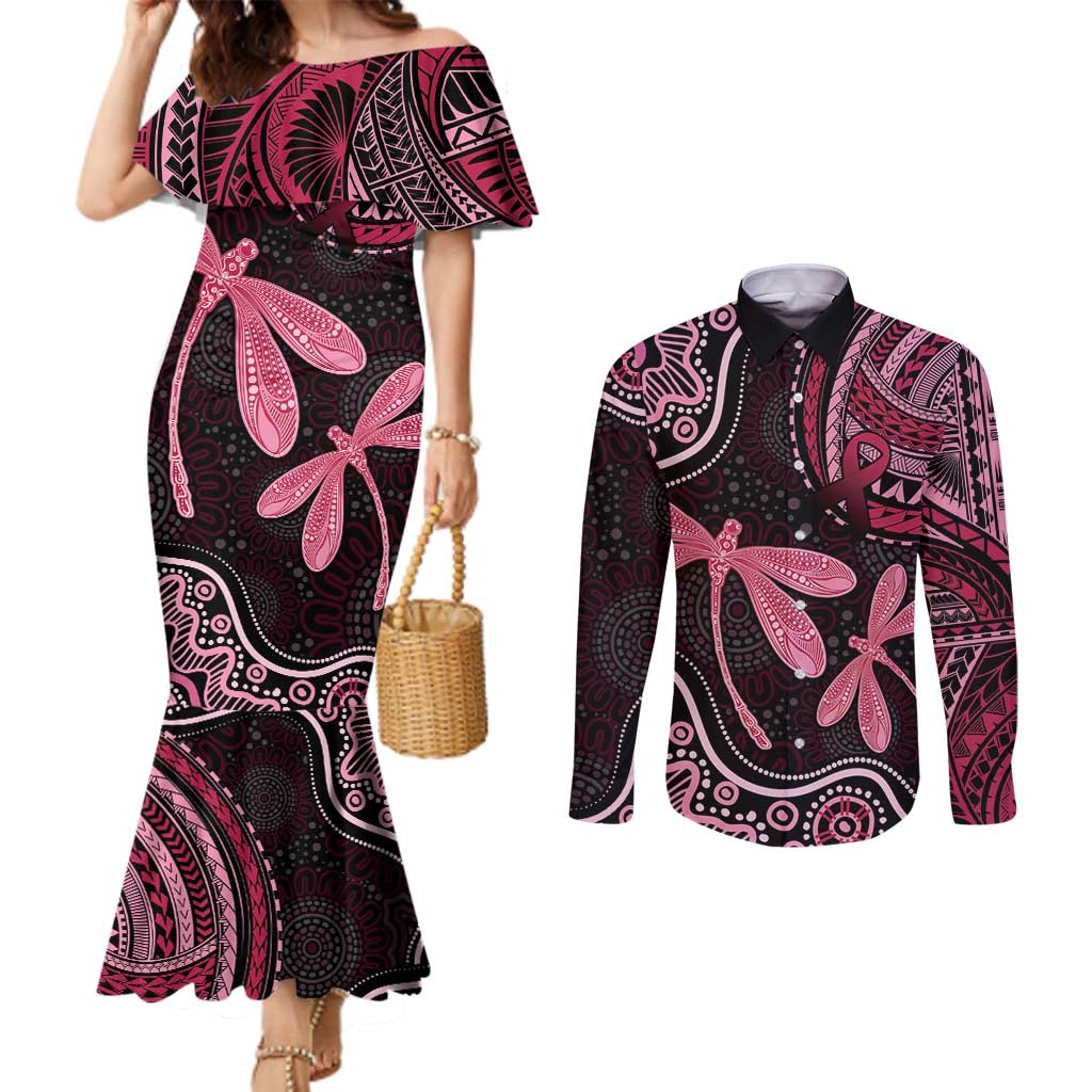 Australia Indigenous Mix Polynesian Couples Matching Mermaid Dress and Long Sleeve Button Shirt Pink Ribbon and Dragonflies - Aussie Hoodie