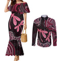 Australia Indigenous Mix Polynesian Couples Matching Mermaid Dress and Long Sleeve Button Shirt Pink Ribbon and Dragonflies - Aussie Hoodie