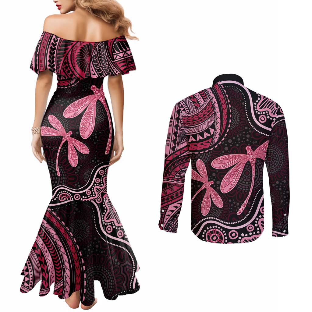 Australia Indigenous Mix Polynesian Couples Matching Mermaid Dress and Long Sleeve Button Shirt Pink Ribbon and Dragonflies - Aussie Hoodie