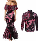 Australia Indigenous Mix Polynesian Couples Matching Mermaid Dress and Long Sleeve Button Shirt Pink Ribbon and Dragonflies - Aussie Hoodie