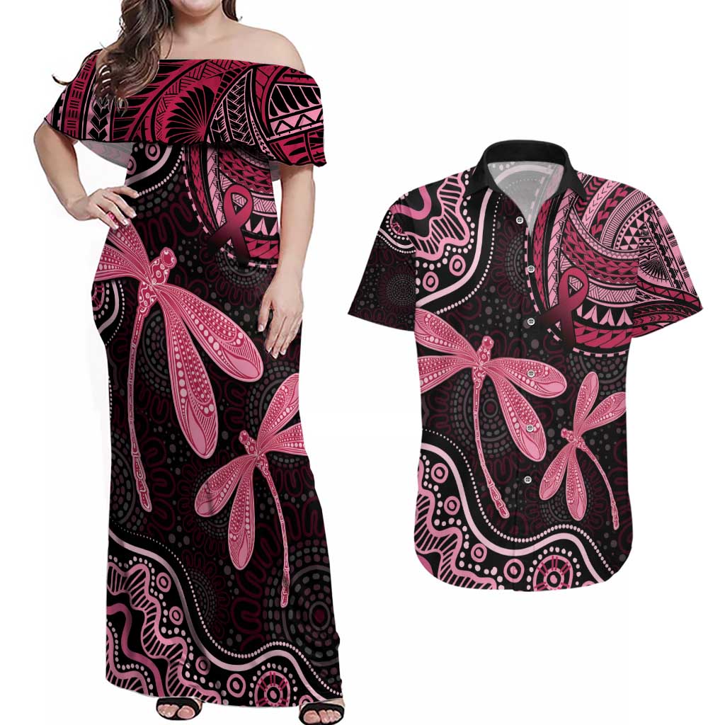 Australia Indigenous Mix Polynesian Couples Matching Off Shoulder Maxi Dress and Hawaiian Shirt Pink Ribbon and Dragonflies - Aussie Hoodie
