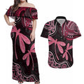 Australia Indigenous Mix Polynesian Couples Matching Off Shoulder Maxi Dress and Hawaiian Shirt Pink Ribbon and Dragonflies - Aussie Hoodie