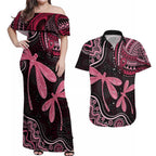 Australia Indigenous Mix Polynesian Couples Matching Off Shoulder Maxi Dress and Hawaiian Shirt Pink Ribbon and Dragonflies - Aussie Hoodie