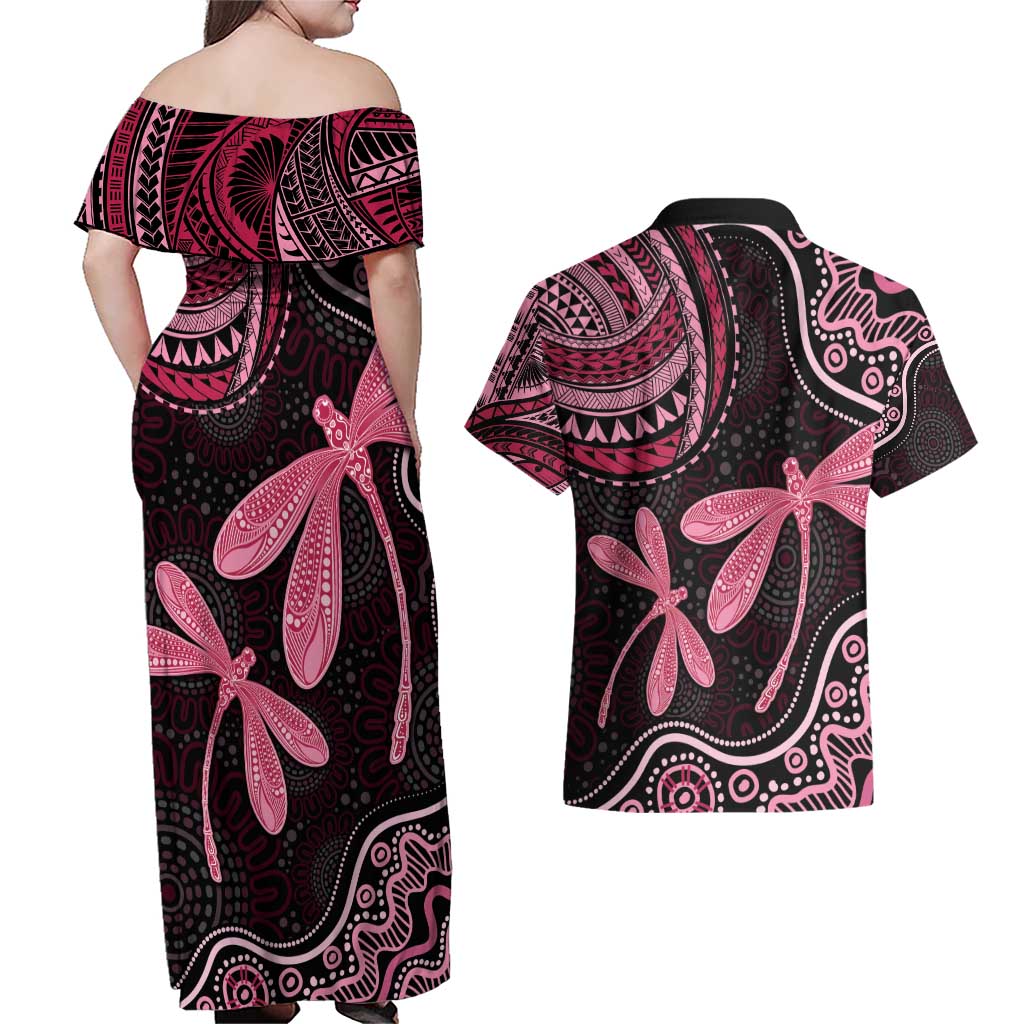 Australia Indigenous Mix Polynesian Couples Matching Off Shoulder Maxi Dress and Hawaiian Shirt Pink Ribbon and Dragonflies - Aussie Hoodie