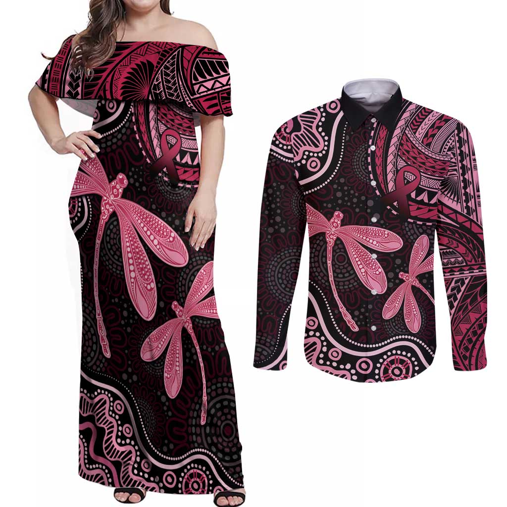 Australia Indigenous Mix Polynesian Couples Matching Off Shoulder Maxi Dress and Long Sleeve Button Shirt Pink Ribbon and Dragonflies - Aussie Hoodie
