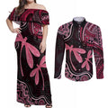 Australia Indigenous Mix Polynesian Couples Matching Off Shoulder Maxi Dress and Long Sleeve Button Shirt Pink Ribbon and Dragonflies - Aussie Hoodie