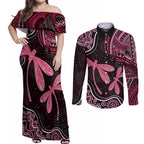 Australia Indigenous Mix Polynesian Couples Matching Off Shoulder Maxi Dress and Long Sleeve Button Shirt Pink Ribbon and Dragonflies - Aussie Hoodie