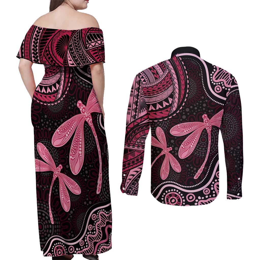 Australia Indigenous Mix Polynesian Couples Matching Off Shoulder Maxi Dress and Long Sleeve Button Shirt Pink Ribbon and Dragonflies - Aussie Hoodie