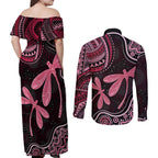 Australia Indigenous Mix Polynesian Couples Matching Off Shoulder Maxi Dress and Long Sleeve Button Shirt Pink Ribbon and Dragonflies - Aussie Hoodie