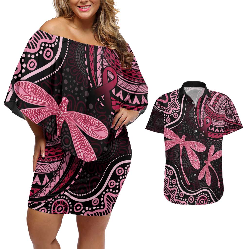 Australia Indigenous Mix Polynesian Couples Matching Off Shoulder Short Dress and Hawaiian Shirt Pink Ribbon and Dragonflies - Aussie Hoodie