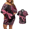Australia Indigenous Mix Polynesian Couples Matching Off Shoulder Short Dress and Hawaiian Shirt Pink Ribbon and Dragonflies - Aussie Hoodie