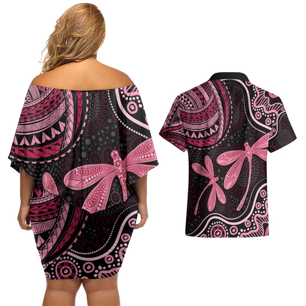 Australia Indigenous Mix Polynesian Couples Matching Off Shoulder Short Dress and Hawaiian Shirt Pink Ribbon and Dragonflies - Aussie Hoodie