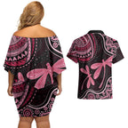 Australia Indigenous Mix Polynesian Couples Matching Off Shoulder Short Dress and Hawaiian Shirt Pink Ribbon and Dragonflies - Aussie Hoodie
