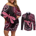Australia Indigenous Mix Polynesian Couples Matching Off Shoulder Short Dress and Long Sleeve Button Shirt Pink Ribbon and Dragonflies - Aussie Hoodie