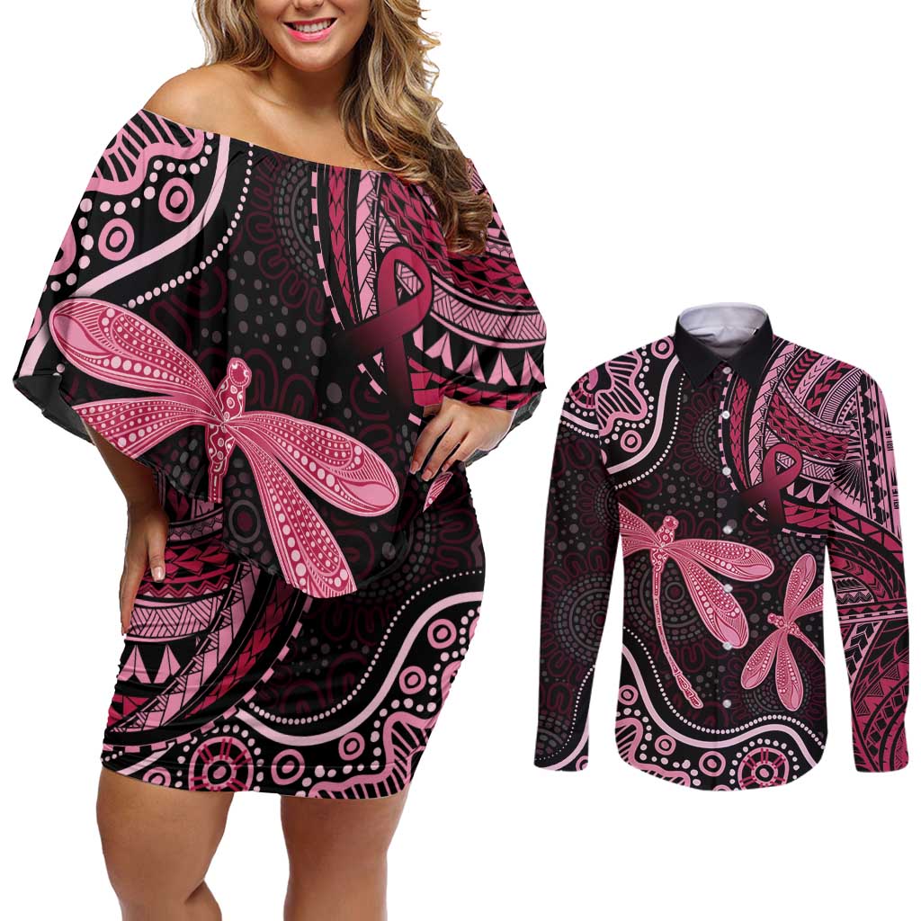 Australia Indigenous Mix Polynesian Couples Matching Off Shoulder Short Dress and Long Sleeve Button Shirt Pink Ribbon and Dragonflies - Aussie Hoodie