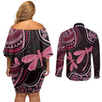 Australia Indigenous Mix Polynesian Couples Matching Off Shoulder Short Dress and Long Sleeve Button Shirt Pink Ribbon and Dragonflies - Aussie Hoodie