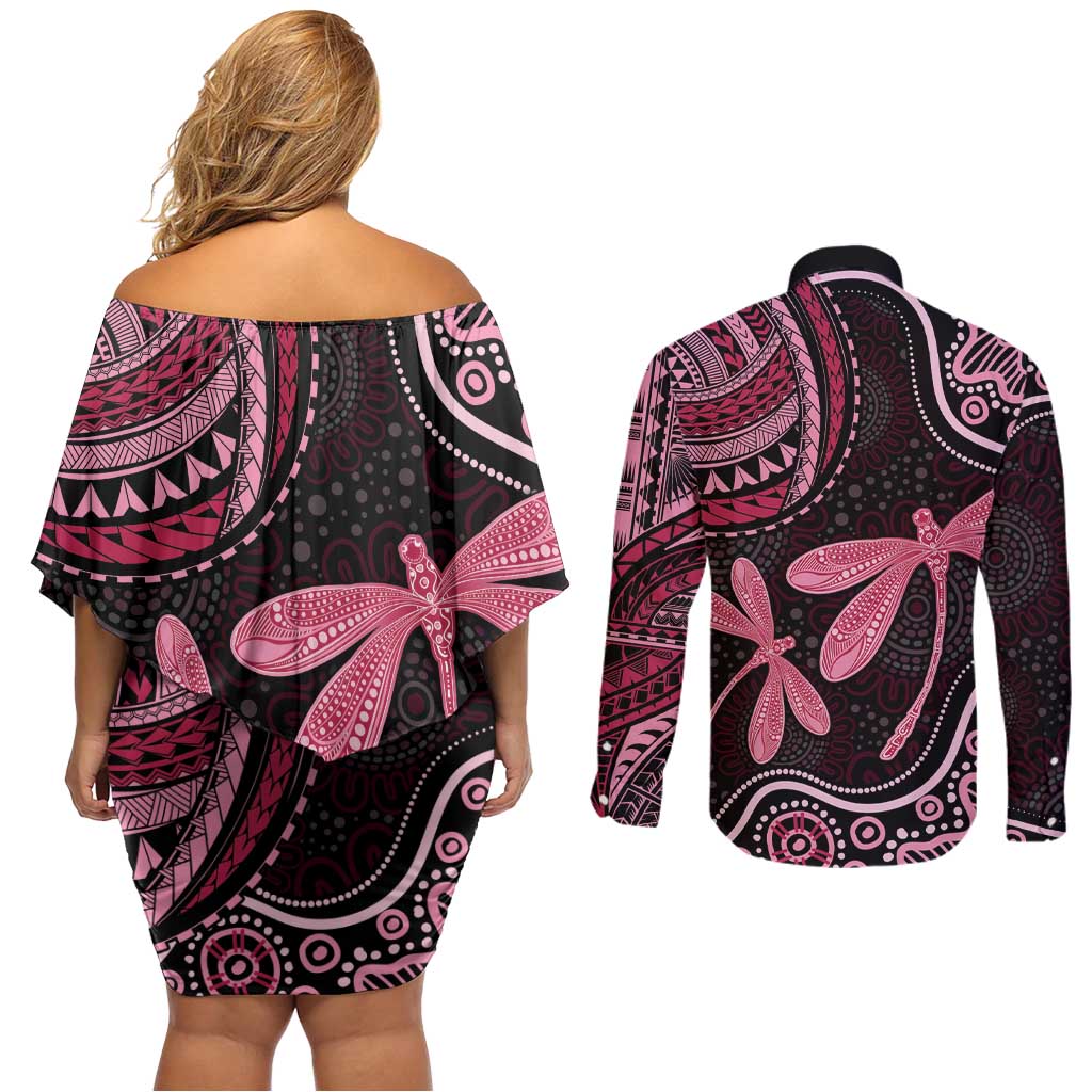 Australia Indigenous Mix Polynesian Couples Matching Off Shoulder Short Dress and Long Sleeve Button Shirt Pink Ribbon and Dragonflies - Aussie Hoodie