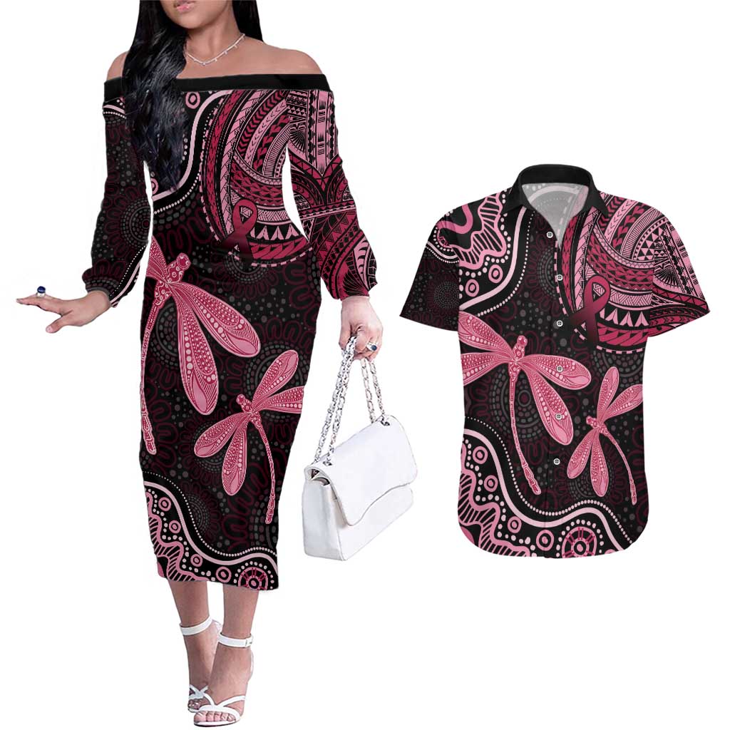 Australia Indigenous Mix Polynesian Couples Matching Off The Shoulder Long Sleeve Dress and Hawaiian Shirt Pink Ribbon and Dragonflies - Aussie Hoodie