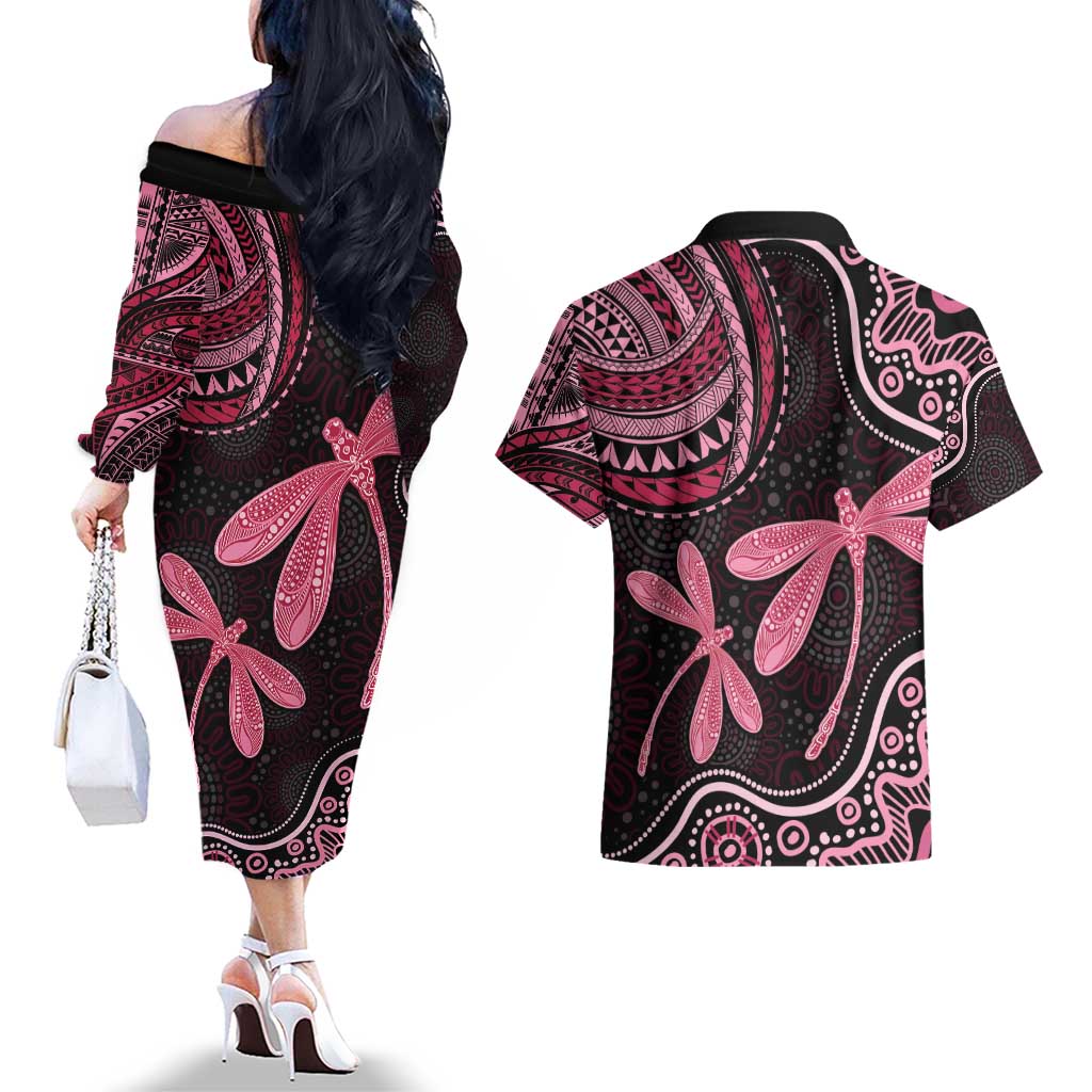 Australia Indigenous Mix Polynesian Couples Matching Off The Shoulder Long Sleeve Dress and Hawaiian Shirt Pink Ribbon and Dragonflies - Aussie Hoodie
