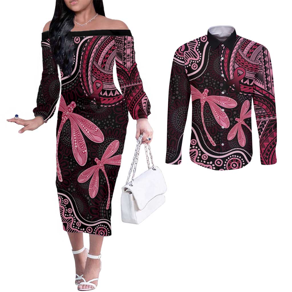 Australia Indigenous Mix Polynesian Couples Matching Off The Shoulder Long Sleeve Dress and Long Sleeve Button Shirt Pink Ribbon and Dragonflies - Aussie Hoodie