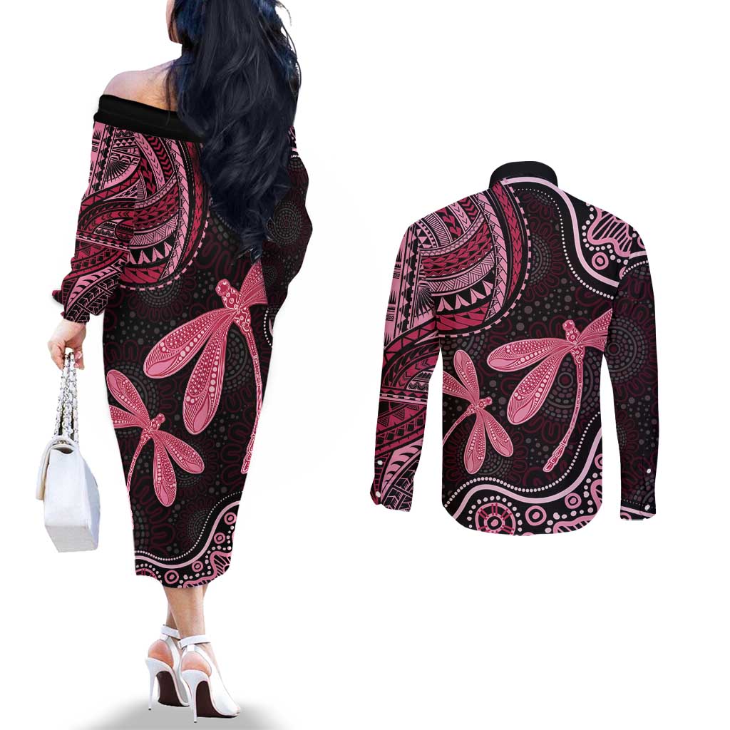 Australia Indigenous Mix Polynesian Couples Matching Off The Shoulder Long Sleeve Dress and Long Sleeve Button Shirt Pink Ribbon and Dragonflies - Aussie Hoodie
