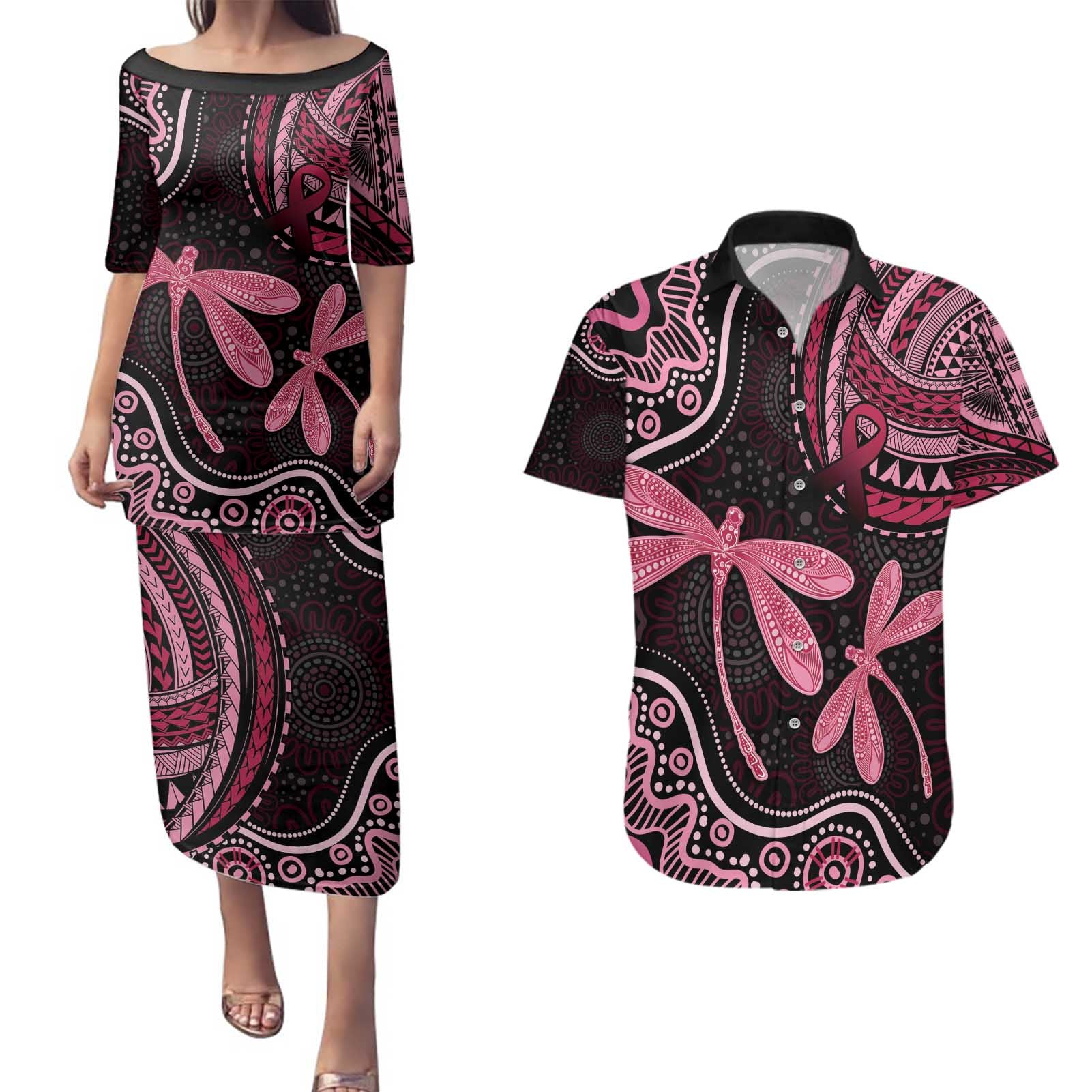 Australia Indigenous Mix Polynesian Couples Matching Puletasi and Hawaiian Shirt Pink Ribbon and Dragonflies - Aussie Hoodie