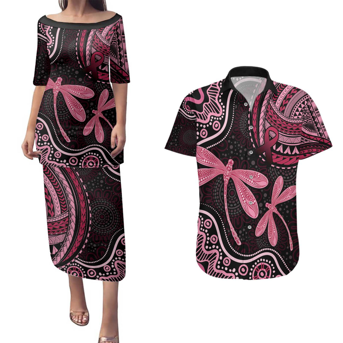 Australia Indigenous Mix Polynesian Couples Matching Puletasi and Hawaiian Shirt Pink Ribbon and Dragonflies - Aussie Hoodie