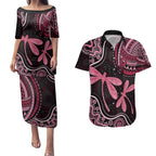 Australia Indigenous Mix Polynesian Couples Matching Puletasi and Hawaiian Shirt Pink Ribbon and Dragonflies - Aussie Hoodie