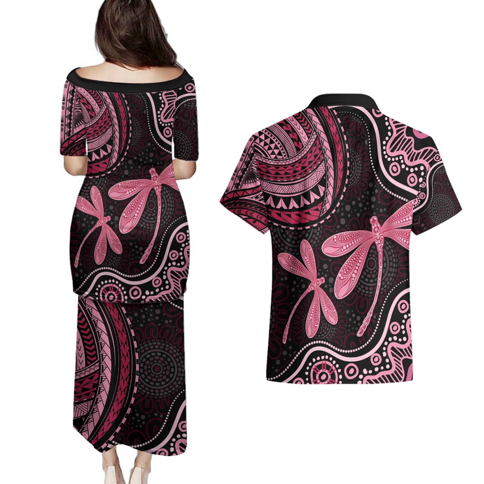 Australia Indigenous Mix Polynesian Couples Matching Puletasi and Hawaiian Shirt Pink Ribbon and Dragonflies - Aussie Hoodie