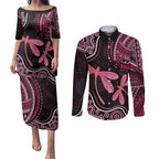 Australia Indigenous Mix Polynesian Couples Matching Puletasi and Long Sleeve Button Shirt Pink Ribbon and Dragonflies - Aussie Hoodie