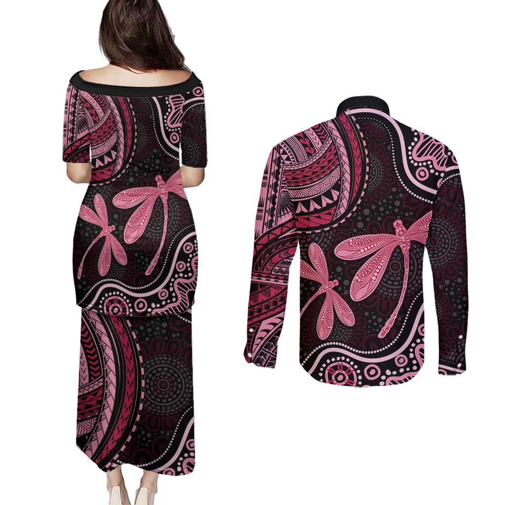 Australia Indigenous Mix Polynesian Couples Matching Puletasi and Long Sleeve Button Shirt Pink Ribbon and Dragonflies - Aussie Hoodie
