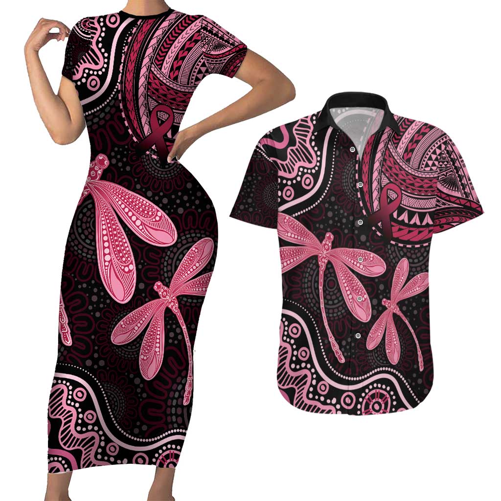 Australia Indigenous Mix Polynesian Couples Matching Short Sleeve Bodycon Dress and Hawaiian Shirt Pink Ribbon and Dragonflies - Aussie Hoodie