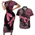 Australia Indigenous Mix Polynesian Couples Matching Short Sleeve Bodycon Dress and Hawaiian Shirt Pink Ribbon and Dragonflies - Aussie Hoodie
