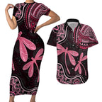 Australia Indigenous Mix Polynesian Couples Matching Short Sleeve Bodycon Dress and Hawaiian Shirt Pink Ribbon and Dragonflies - Aussie Hoodie