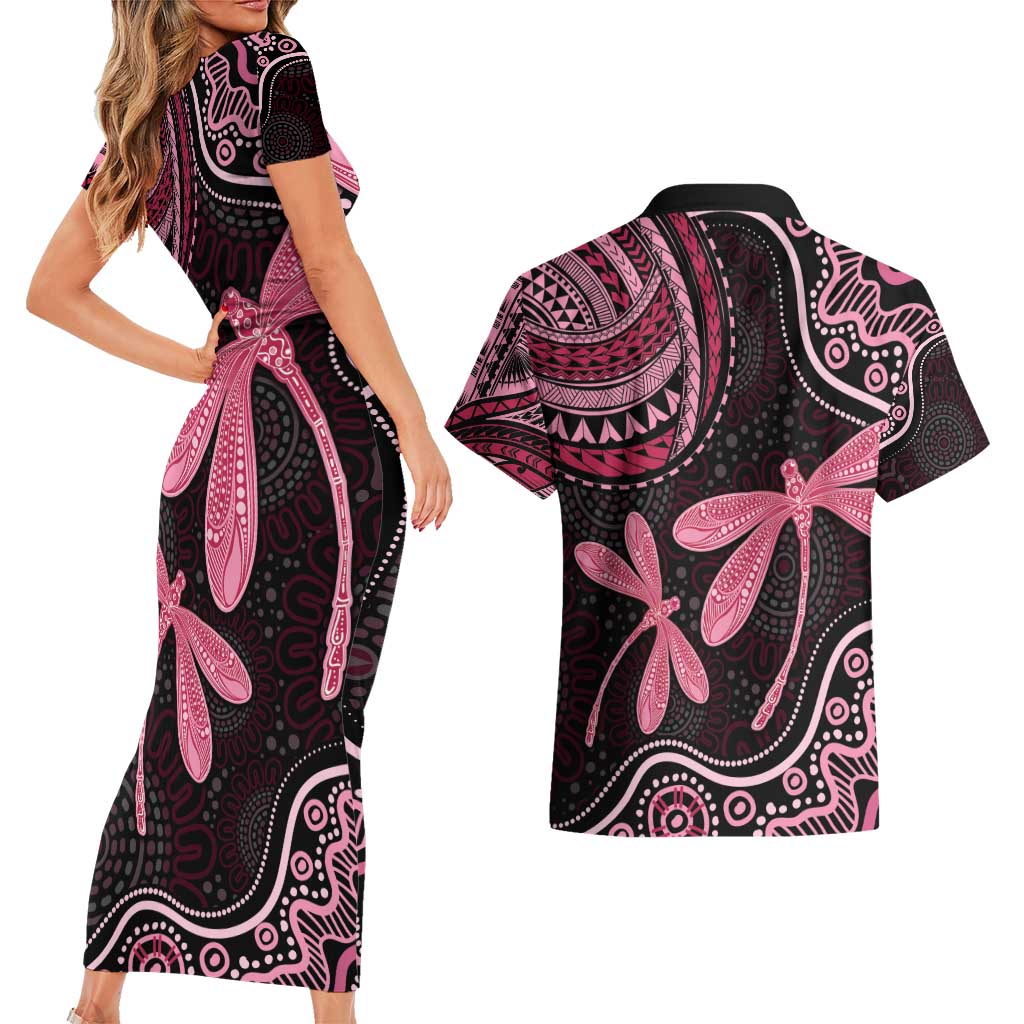 Australia Indigenous Mix Polynesian Couples Matching Short Sleeve Bodycon Dress and Hawaiian Shirt Pink Ribbon and Dragonflies - Aussie Hoodie
