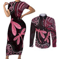 Australia Indigenous Mix Polynesian Couples Matching Short Sleeve Bodycon Dress and Long Sleeve Button Shirt Pink Ribbon and Dragonflies - Aussie Hoodie