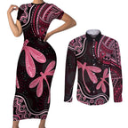Australia Indigenous Mix Polynesian Couples Matching Short Sleeve Bodycon Dress and Long Sleeve Button Shirt Pink Ribbon and Dragonflies - Aussie Hoodie