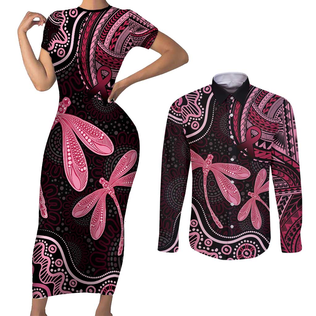 Australia Indigenous Mix Polynesian Couples Matching Short Sleeve Bodycon Dress and Long Sleeve Button Shirt Pink Ribbon and Dragonflies - Aussie Hoodie