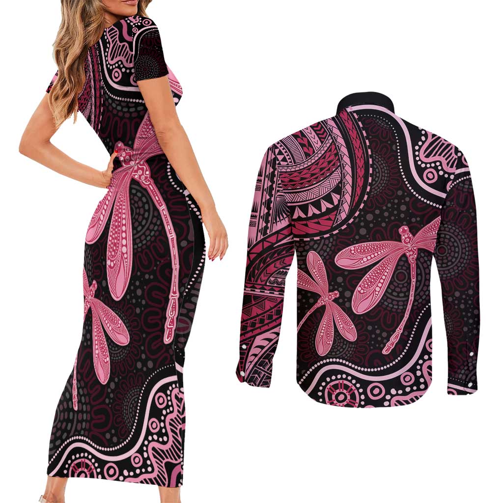 Australia Indigenous Mix Polynesian Couples Matching Short Sleeve Bodycon Dress and Long Sleeve Button Shirt Pink Ribbon and Dragonflies - Aussie Hoodie