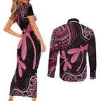 Australia Indigenous Mix Polynesian Couples Matching Short Sleeve Bodycon Dress and Long Sleeve Button Shirt Pink Ribbon and Dragonflies - Aussie Hoodie