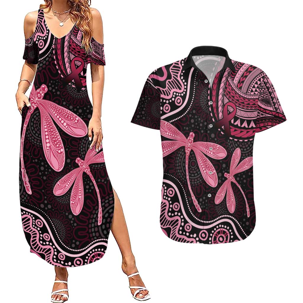 Australia Indigenous Mix Polynesian Couples Matching Summer Maxi Dress and Hawaiian Shirt Pink Ribbon and Dragonflies - Aussie Hoodie