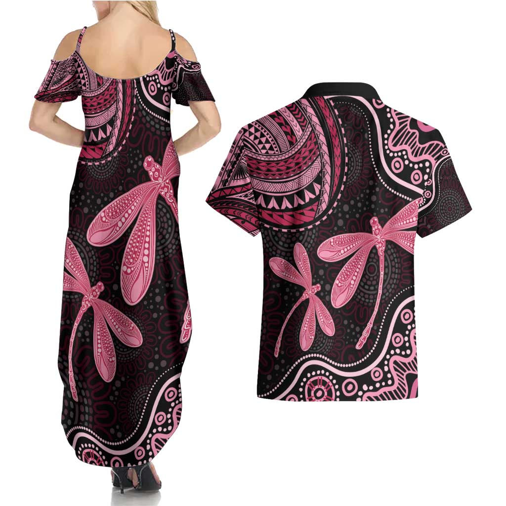 Australia Indigenous Mix Polynesian Couples Matching Summer Maxi Dress and Hawaiian Shirt Pink Ribbon and Dragonflies - Aussie Hoodie