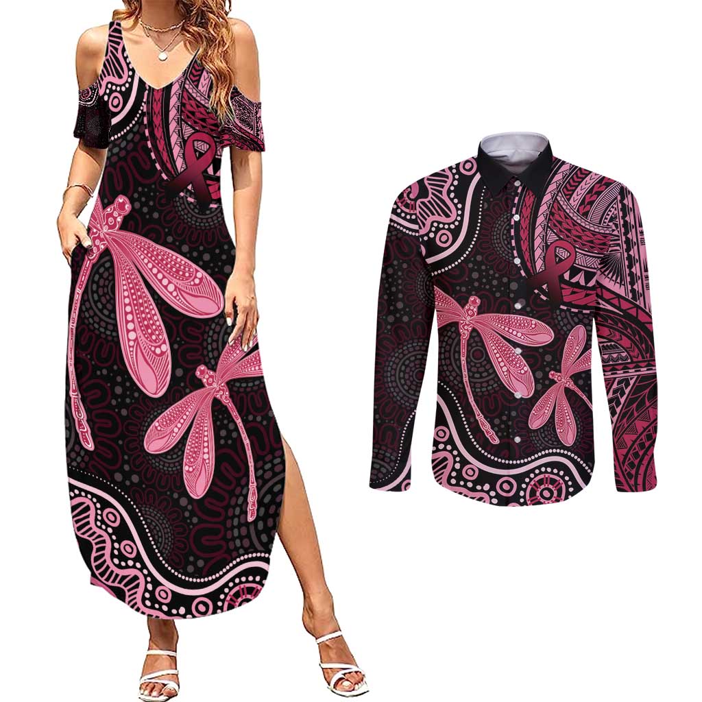 Australia Indigenous Mix Polynesian Couples Matching Summer Maxi Dress and Long Sleeve Button Shirt Pink Ribbon and Dragonflies - Aussie Hoodie