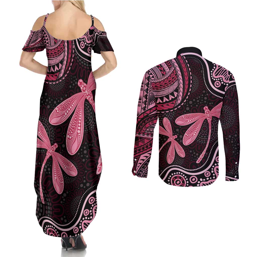 Australia Indigenous Mix Polynesian Couples Matching Summer Maxi Dress and Long Sleeve Button Shirt Pink Ribbon and Dragonflies - Aussie Hoodie