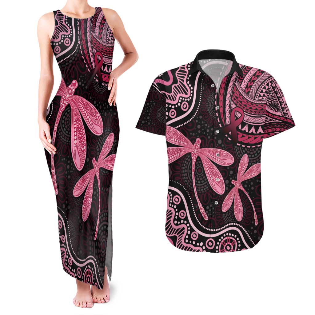 Australia Indigenous Mix Polynesian Couples Matching Tank Maxi Dress and Hawaiian Shirt Pink Ribbon and Dragonflies - Aussie Hoodie