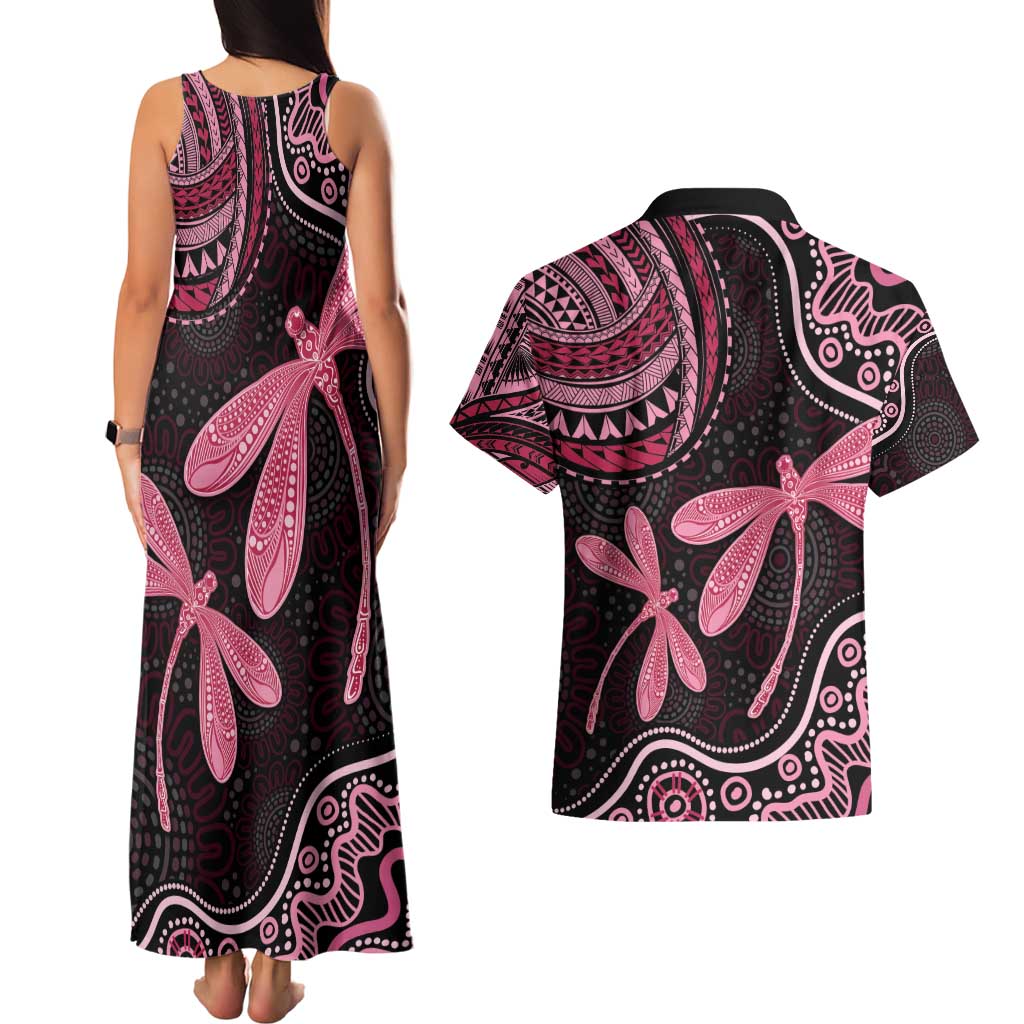 Australia Indigenous Mix Polynesian Couples Matching Tank Maxi Dress and Hawaiian Shirt Pink Ribbon and Dragonflies - Aussie Hoodie