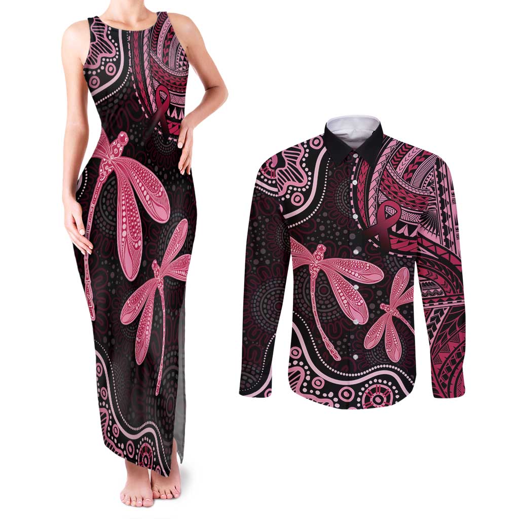 Australia Indigenous Mix Polynesian Couples Matching Tank Maxi Dress and Long Sleeve Button Shirt Pink Ribbon and Dragonflies - Aussie Hoodie