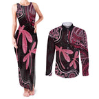 Australia Indigenous Mix Polynesian Couples Matching Tank Maxi Dress and Long Sleeve Button Shirt Pink Ribbon and Dragonflies - Aussie Hoodie