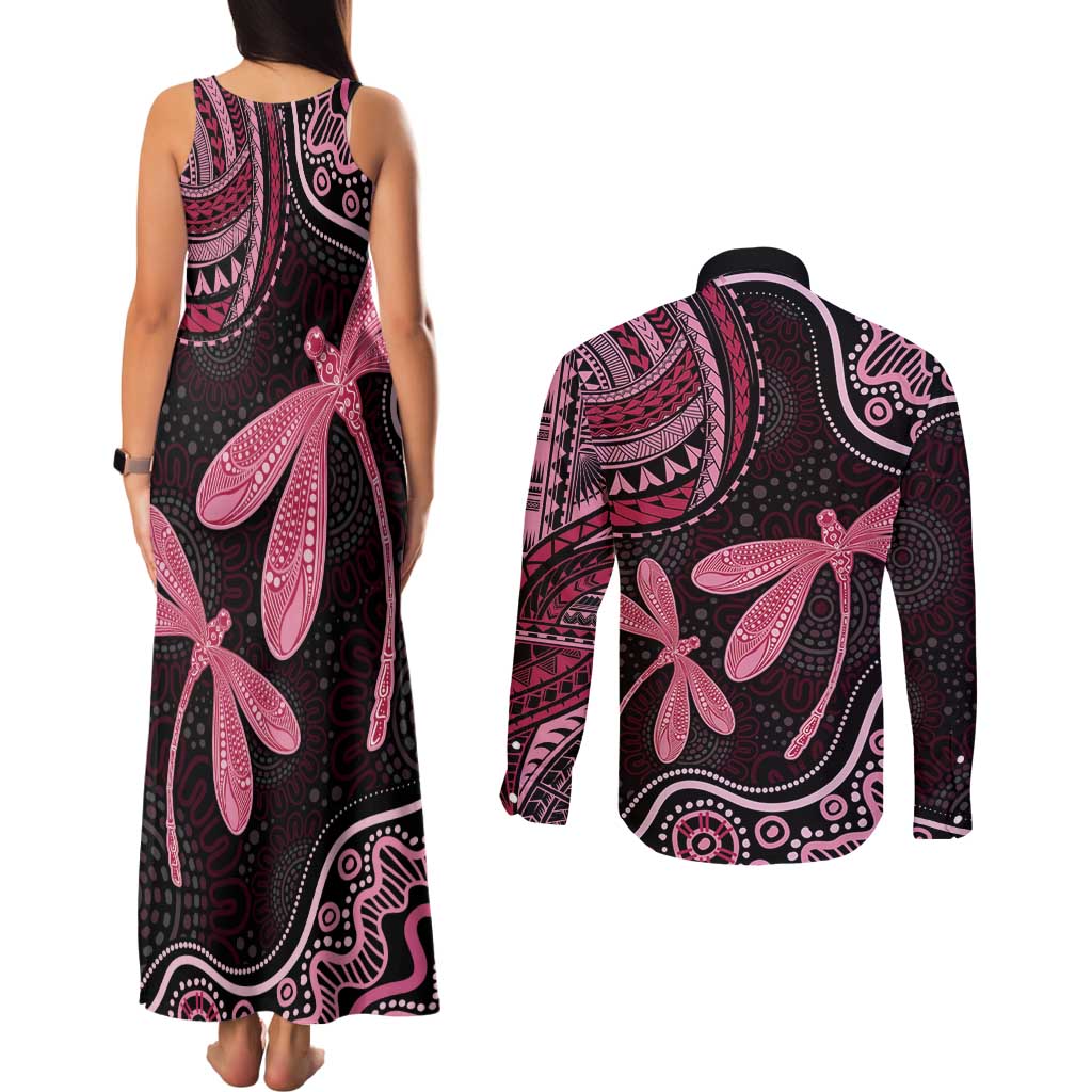 Australia Indigenous Mix Polynesian Couples Matching Tank Maxi Dress and Long Sleeve Button Shirt Pink Ribbon and Dragonflies - Aussie Hoodie